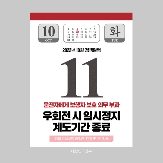 ◆ 우회전 시 일시정지 계도 기간 종료(10.11~)
운전자는 보행자가 횡단보도를 ‘통행하고 있을 때’뿐만 아니라 ‘건너려고 할 때’에도 반드시 일시정지해야 한다는 내용을 담은 ‘도로교통법’의 계도 기간이 10월 11일부로 종료됩니다.