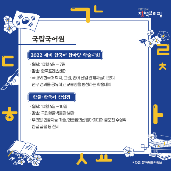 ▶ 국립국어원
- 2022 세계 한국어 한마당 학술대회
·일시: 10월 6일(목)~7일(금)
·장소: 한국프레스센터
·국내외 한국어 학자, 교원, 언어 산업 관계자들이 모여 연구 성과를 공유하고 교류망을 형성하는 학술대회