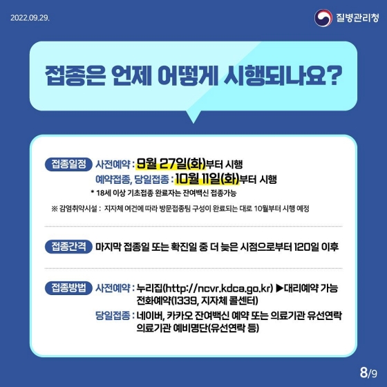 Q6. 접종은 언제 어떻게 시행되나요?
· 접종 일정
  - 사전예약 : 9월 27일(화)부터 시행
  - 예약접종, 당일접종 : 10월 11일(화)부터 시행
      * 18세 이상 기초접종 완료자는 잔여백신 접종 가능