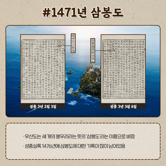 ◆ 1471년 삼봉도
· 우산도는 세 개의 봉우리라는 뜻의 ‘삼봉도’라는 이름으로 바뀜
· 성종실록 1476년에 삼봉도에 대한 기록이 많이 남아있음