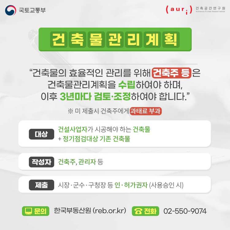 건축물관리계획
건축물의 효율적인 관리를 위해 건축주 등은 건축물관리계획을 수립하여야 하며, 이후 3년마다 검토.조정하여야 합니다.
※ 미체출시 건축주에게 과태료부과