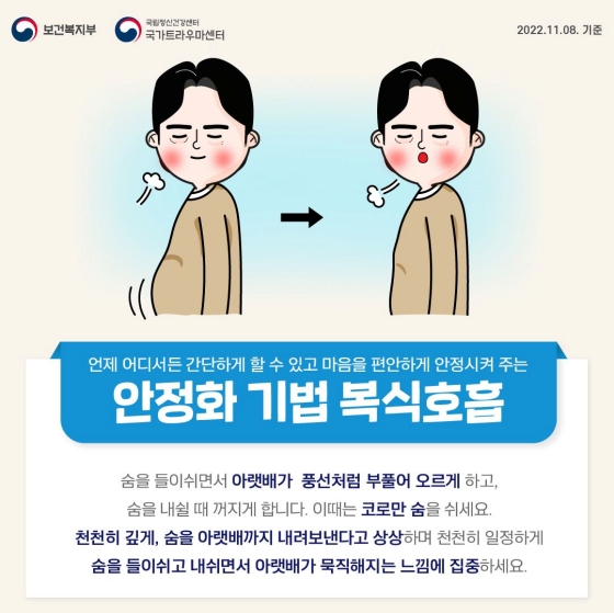 ◆ 복식호흡
숨을 들이쉬면서 아랫배가 풍선처럼 부풀어 오르게 하고, 숨을 내쉴 때 꺼지게 합니다.
이때는 코로만 숨을 쉬세요.
천천히 깊게, 숨을 아랫배까지 내려보낸다고 상상하며 천천히 일정하게 숨을 들이쉬고 내쉬면서 아랫배가 묵직해지는 느낌에 집중하세요.