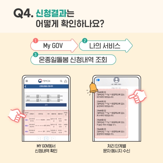 Q4. 신청 결과는 어떻게 확인하나요?
① My GOV
② 나의 서비스
③ 온종일 돌봄 신청내역 조회