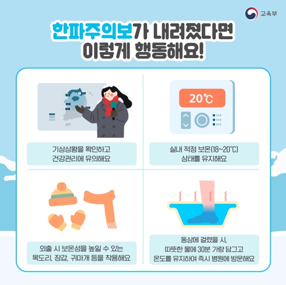 ◆ 한파주의보가 내려졌다면 이렇게 행동해요!
 기상상황을 확인하고 건강관리에 유의해요.
 실내 적정 보온(18~20℃) 상태를 유지해요.
 외출 시 보온성을 높일 수 있는 목도리, 장갑, 귀마개 등을 착용해요.
 동상에 걸렸을 시, 따뜻한 물에 30분가량 담그고 온도를 유지하여 즉시 병원에 방문해요