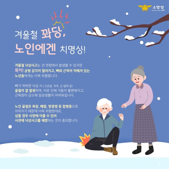 ◆ 겨울철 꽈당, 노인에겐 치명상!
겨울철 낙상사고는 전 연령에서 발생할 수 있지만 특히! 균형 감각이 떨어지고, 뼈와 근력이 약해져 있는 노년층에게는 더욱 위험합니다.
뼈가 약하면 낙상 시(고관절, 척추, 손·발목 등) 골절이 잘 발생하며, 이로 인해 거동이 불편해지고, 근육량이 감소해 일상생활이 어려워집니다.