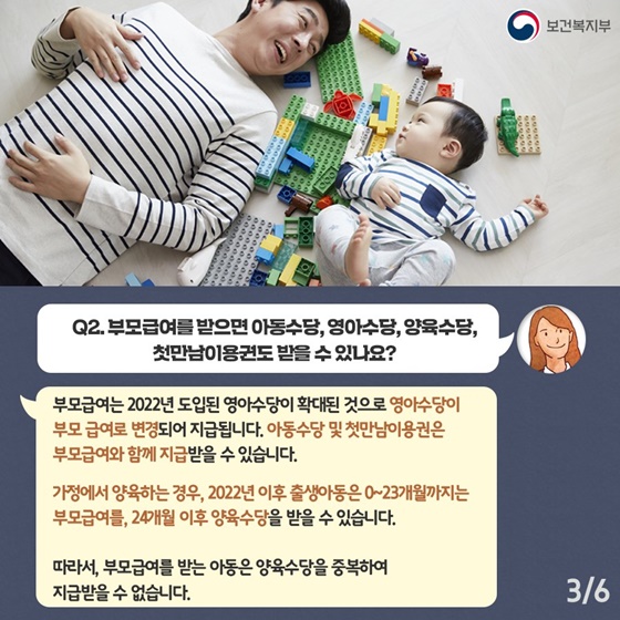 Q2. 부모급여를 받으면 아동수당, 영아수당, 양육수당, 첫만남이용권도 받을수있나요?
부모급여는 2022년 도입된 영아수당이 확대된 것으로 영아수당이 부모 급여로 변경되어 지급됩니다. 아동수당 및 첫만남이용권은 부모급여와 함께 지급받을 수 있습니다.