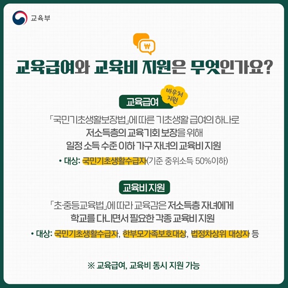 Q1. 교육급여와 교육비 지원은 무엇인가요?
교육급여 (바우처 지원)
「국민기초생활보장법」에 따른 기초생활급여의 하나로 저소득층의 교육기회 보장을 위해 일정 소득수준이하 가구자녀의 교육비지원
교육비 지원
「초·중등교육법」에 따라 교육감은 저소득층 자녀에게 학교를 다니면서 필요한 각종 교육비지원