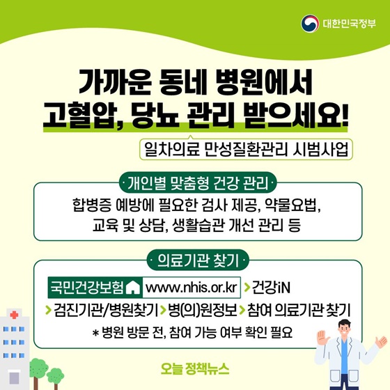 7. 가까운 동네 병원에서 고혈압, 당뇨 관리 받으세요!
<일차의료 만성질환관리 시범사업>
- 개인별 맞춤형 건강관리 : 합병증 예방에 필요한 검사 제공, 약물요법, 교육 및 상담, 생활습관 개선 관리 등
- 의료기관찾기 : 국민건강보험 홈페이지 > 건강iN > 검진기관/병원찾기 > 병(의)원정보 > 참여 의료기관찾기