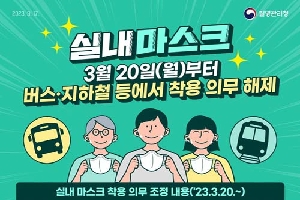 실내마스크
3월 20일(월)부터
버스.지하철 등에서 착용 의무 해제
실내 마스크 착용 의무조정 내용(23.3.20~)