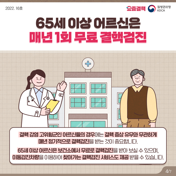 65세 이상 어르신은 매년 1회 무표 결핵검진
결핵 감염 고위험군인 어르신들의 경우에는 결핵 증상 유무와 무관하게 매년 정기적으로 결핵 검진을 받는 것이 중요합니다.
65세 이상 어르신은 보건소에서 무료로 결핵검진을 받아보실 수 있으며, 이동검진차량을 이용하여 찾아가는 결핵검진 서비스도 제공받을 수 있습니다.