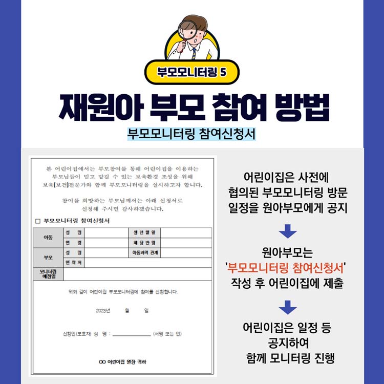 부모모니터링5
재원아 부모 참여 방법
부모모니터링 참여 신청서
어린이집은 사전에 협의된 부모모니터링 방문 일정을 원아부모에게 공지
원아부모는 부모모니터링 참여신청서 작성 후 어린이집에 제출
어린이집은 일정 등 공지하여 함께 모니터링 진행