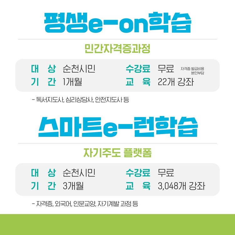 평생 이온 학습
민간자격증 과정
대상 순천시민, 수강료 무료, 기간 1개월, 교육 22개 강좌
스마트 이런학습
자기주도 플랫폼
대상 순천시민, 수강료 무료, 기간 3개월, 교육 3048개 강좌