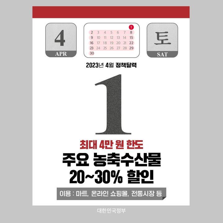 ◆ 주요 농축수산물 20~30% 할인(4.1~)
내수활성화 ‘생계부담 경감’ 대책의 일환으로 주요 농축수산물 품목을 20~30%가량 할인합니다.