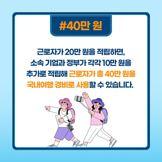 # 40만원
근로자가 20만원을 적립하면, 소속 기업과 정부가 각각 10만원을 추가로 적립해 근로자가 총 40만원을 국내여행경비로 사용할 수 있습니다.