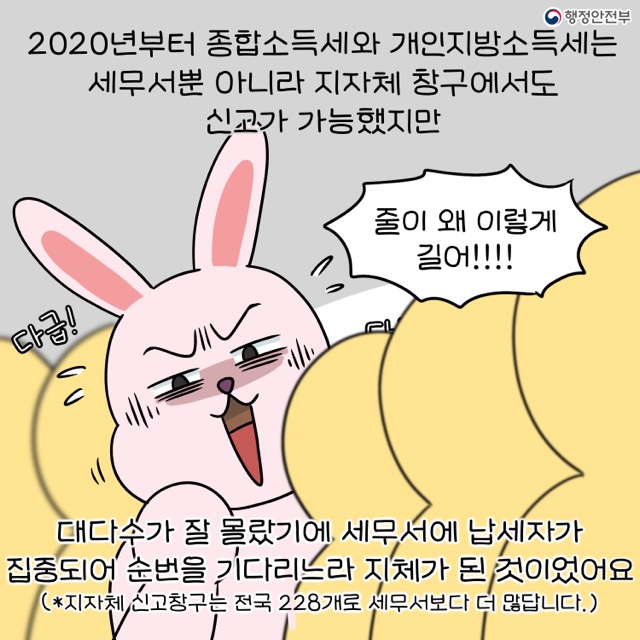 2020년부터 종합소득세와 개인지방소득세는 세무서뿐 아니라 지자체 창구에서도 신고가 가능했지만
대다수가 잘 몰랐기에 세무서에 납세자가 집중되어 순번을 기다리느라 지체가 된 것이었어요.