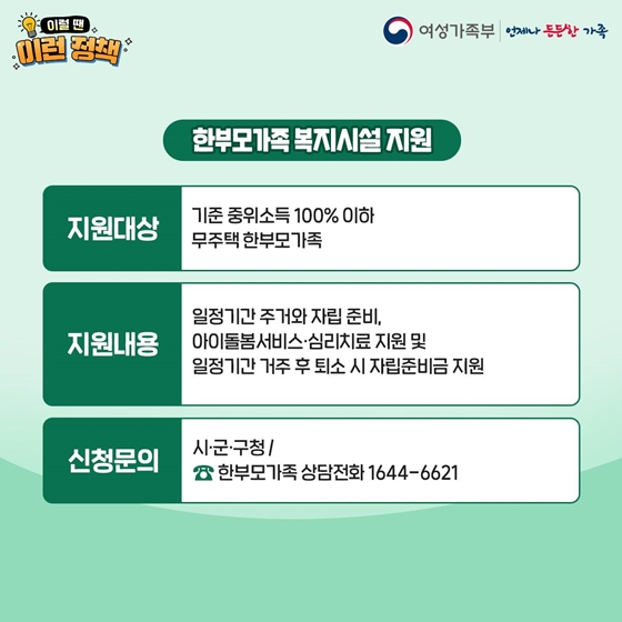 ■ 한부모가족 복지시설 지원
· 지원대상 : 기준 중위소득 100% 이하 무주택 한부모 가족
· 지원내용 : 일정기간 주거와 자립 준비, 아이돌봄 서비스·심리치료 지원 및 일정기간 거주 후 퇴소 시 자립준비금 지원
· 신청문의: 시·군·구청 / 한부모가족 상담전화 ☎ 1644-6621