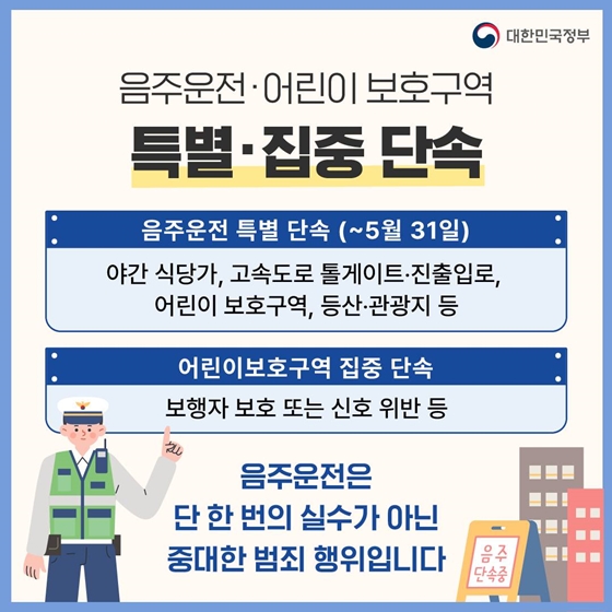 4. 음주운전·어린이 보호구역 특별집중 단속
· 음주운전 특별 단속 (~5월 31일)
· 어린이보호구역 집중 단속