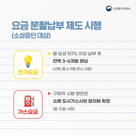 ■ 요금 분할납부 제도 시행 (소상공인 대상)
· 전기요금
- 월요금 50% 이상 납부 후 잔액 3~6개월 분납(선택, 올 6~9월 한시 시행)
· 가스요금
- 구체적 시행 방안은 소매 도시가스사와 협의해 확정(올 10월 시행)