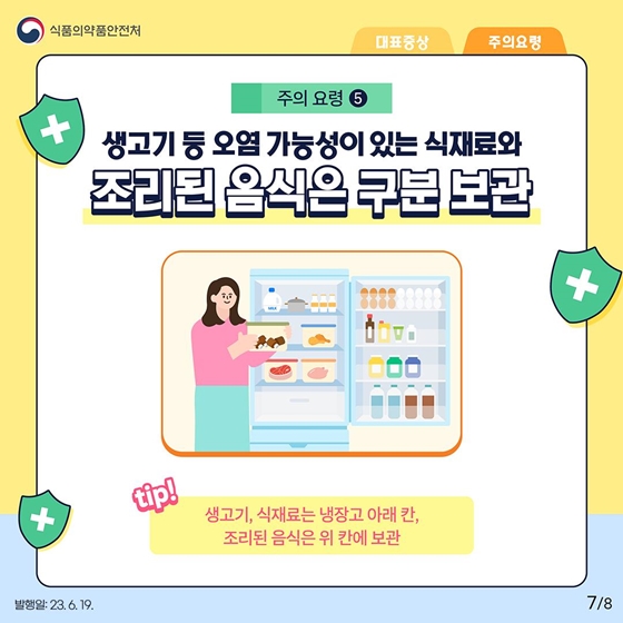 5. 생고기 등 오염 가능성이 있는 식재료와 조리된 음식은 구분 보관
<tip> 생고기, 식재료는 냉장고 아래 칸, 조리된 음식은 위 칸에 보관