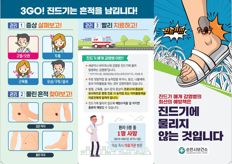 3GO! 진드기는 흔적을 남깁니다!
관리1 증상 살펴보고!
고열/오한, 두통, 근육통, 오심/구토/설사
관리2 물린 흔적 찾아보고!
검은딱지, 물린자국
관리3 빨리 치료하고!
진드기 매개 감염병이란?
세균이나 바이러스에 감염된 진드기에 물려 발생하는 감염병입니다.
*쯔쯔가무시증, 중증열성혈소판감소증후긍(SFTS), 라임병
주로 텃밭작업 등 농작업을 하거나, 등산, 나물채취 등의 야외활동을 하는 경우 감염위험이 있습니다
발열, 근육통, 설사 등의 증상이 코로나19 증상과 유사하므로 병원 진료 시 농작업 또는 야외활동을 의료진에게 알려야 합니다.
진드기에 물리지 않도록 예방수칙을 잘 지키면 충분히 예방할 수 있습니다.
환자 5명 중 1명 사망(2013~2021년, SFTS기준), 의심 즉시 의료기관 방문
진드기 매개 감염병의 최선의 예방책은
진드기에 물리지 않는 것입니다.