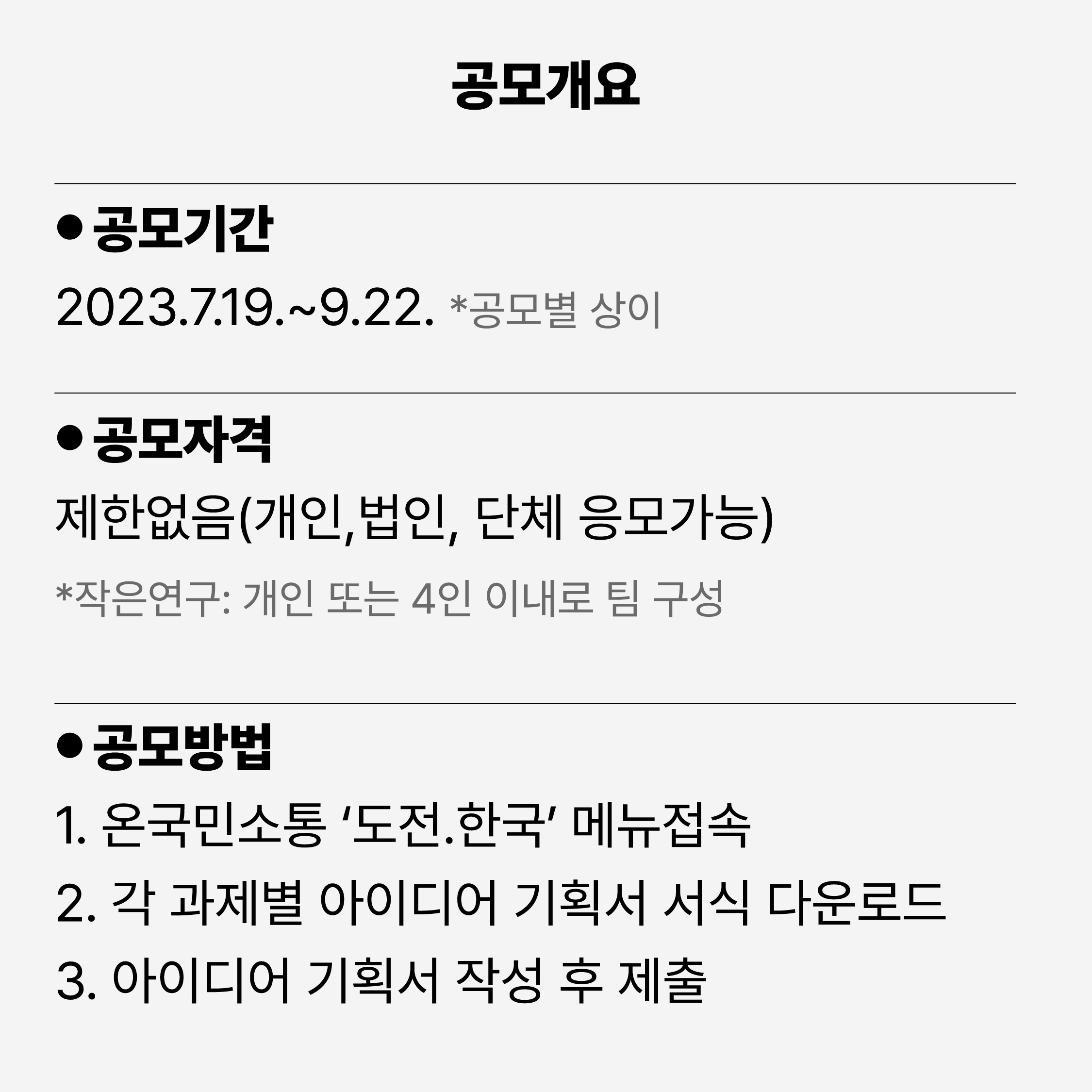 공모개요
공모기간 2023.7.19~9.22 *공모별 상이
공모자격 제한없음(개인,법인, 단체 응모가능) *작은연구 : 개인 또는 4인이내로 팀 구성
공모방법
1. 온국민소통 '도전.한국'메뉴 접속
2. 각 과제별 아이디어 기획서 서식 다운로드
3. 아이디어 기획서 작성 후 제출