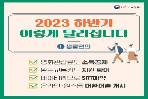 2023 하반기 이렇게 달라집니다.
① 생활편의
영화관람료도 소득공제
알뜰교통카드 지원 확대
네이버앱으로 SRT예약
온라인·원스톱 대환대출 개시