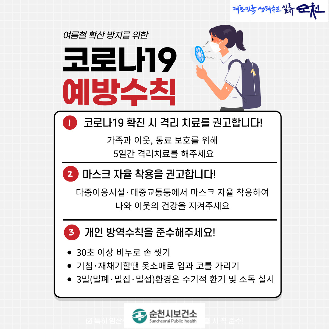 여름철 확산 방지를 위한 코로나19 예방수칙
1. 코로나19 확진 시 격리 치료를 권고합니다!
가족과 이웃, 동료 보호를 위해 5일간 격리치료를 해주세요
2. 마스크 자율 착용을 권고합니다!
다중이용시설․대중교통등에서 마스크 자율 착용하여 나와 이웃의 건강을 지켜주세요
3. 개인 방역수칙을 준수해주세요!
- 30초 이상 비누로 손 씻기
- 기침․재채기할땐 옷소매로 입과 코를 가리기
- 3밀(밀폐․밀집․밀접)환경은 주기적 환기 및 소독 실시