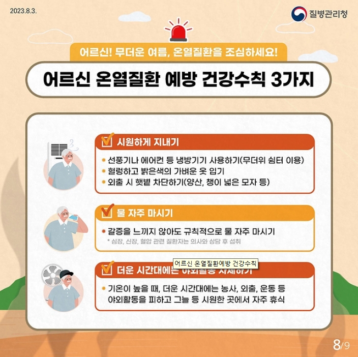 어르신! 무더운 여름, 온열질환을 조심하세요!
어르신 온열질환 예방 건강수칙 3가지
- 시원하게 지내기
  · 선풍기나 에어컨 등 냉방기기 사용하기(무더위 쉼터 이용)
  · 헐렁하고 밝은색의 가벼운 옷 입기
  · 외출 시 햇볕 차단하기(양산 챙이 넓은 모자 등)
- 물 자주 마시기
  · 갈증을 느끼지 않아도 규칙적으로 물 자주 마시기
  *심장, 신장 , 혈압 관련 질환자는 의사와 상담 후 섭취
- 더운 시간대에는 야외활동 자제하기
  · 기온이 높을 때, 더운 시간대에는 농사, 외출, 운동 등 야외활동을 피하고 그늘 등 시원한 곳에서 자주 휴식