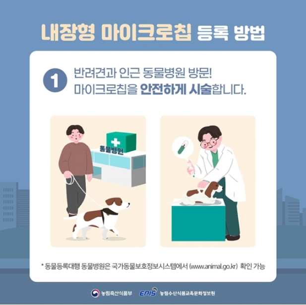 내장형 마이크로칩 등록 방법
① 반려견과 인근 동물병원 방문!
마이크로칩을 안전하게 시술합니다.
* 동물등록대행 동물병원은 국가동물보호정보시스템에서 확인 가능