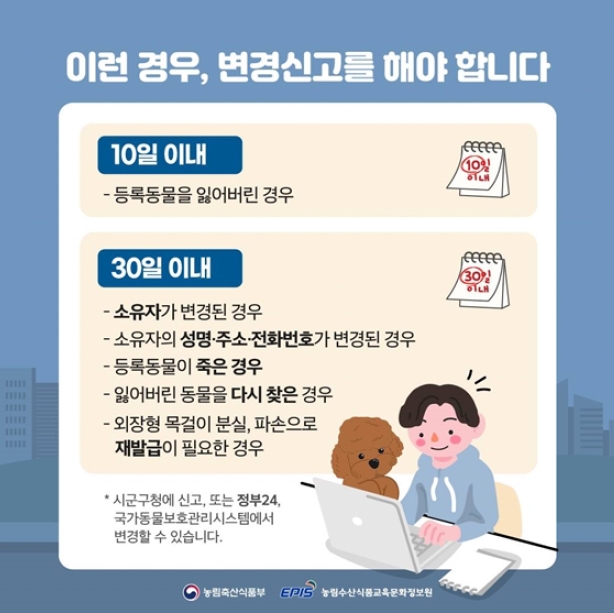 이런 경우, 변경신고를 해야 합니다.
· 10일 이내
- 등록동물을 잃어버린 경우
· 30일 이내
- 소유자가 변경된 경우
- 소유자의 성명·주소·전화번호가 변경된 경우
- 등록동물이 죽은 경우
- 잃어버린 동물을 다시 찾은 경우
- 외장형 목걸이 분실, 파손으로 재발급이 필요한 경우
* 시군구청에 신고, 또는 정부24, 국가동물보호관리시스템에서 변경할 수 있습니다.