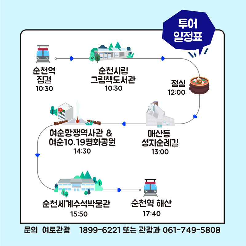 투어 일정표
순천역 집결 10:30-순천시립그림책도서관 10:30-점심 12:00-매산등 성지순례길 13:00-여순항쟁역사관 & 여순10.19평화공원 14:30-순천세계수석박물관 15:50-순천역 해산 17:40
문의 여로관광 1899-6221 또는 관광과 061-749-5808