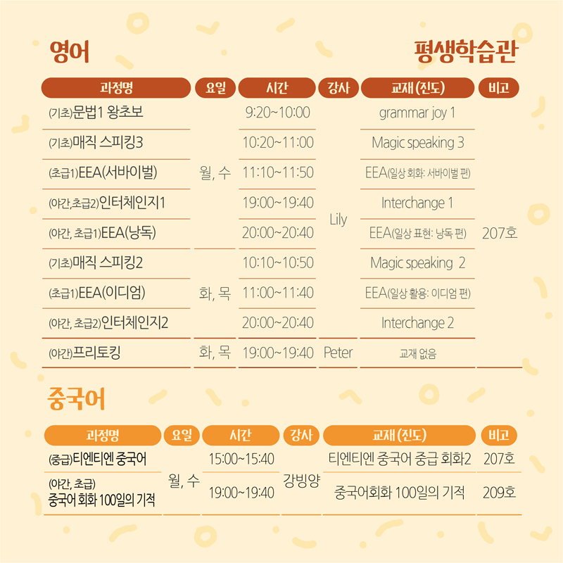 영어
월,수 강사 Lily, (기초)문법1 왕초보 09시20분-10시 교재 grammar joy1
(기초)매직 스피킹3 10시20분-11시 Magic speaking3
(초급1)EEA(서바이벌) 11시10분-11시50분 EEA(일상 회화 서바이벌 편)
(야간,초급2)인터체인지1 19시-19시40분 Interchange1
(야간,초급1)EEA(낭독) 20시-20시40분 EEA(일상표현 낭독편)
화,목 (기초)매직 스피킹2 10시10-10시50분 Magic speaking 2
(초급1)EEA(이디엄)  11시-11시40분 EEA(일상 활용 이디엄 편)
(야간,초급2)인터체인지2 20시-20시40분 Interchange2
화,목 강사 Peter, (야간)프리토킹 19시-19시40분 교재없음
중국어
월,수 강사 강빙양, (중급)티엔티엔중국어 15시-15시40분 교재 티엔티엔중국어 중급 회화2, 비고 207호
(야간,초급)중국어회화 100일의 기적 19시-19시40분 중국어회화 100일의기적 209호