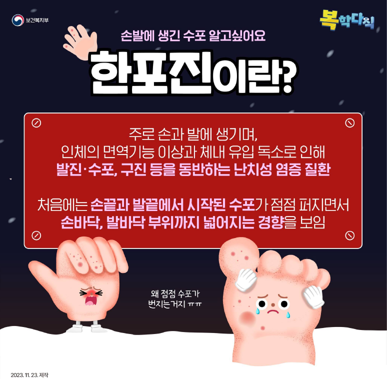 손발에 생긴 수포 알고싶어요
한포진이란?
주로 손과 발에 생기며,
인체의 면역기능 이상과 체내 유입 독소로 인해
발진.수포, 구진 등을 동반하는 난치성 염증 질환
처음에는 손끝과 발끝에서 시작된 수포가 점점 퍼지면서
손바닥, 발바닥 부위까지 넓어지는 경향을 보임
왜 점점 수포가 번지는거지 ㅠㅠ