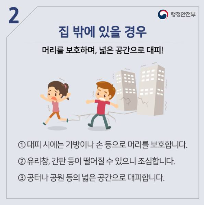 2. 집 밖에 있을 경우
머리를 보호하며, 넓은 공간으로 대피!
① 대피 시에는 가방이나 손 등으로 머리를 보호합니다.
② 유리창, 간판 등이 떨어질 수 있으니 조심합니다.
③ 공터나 공원 등의 넓은 공간으로 대피합니다.