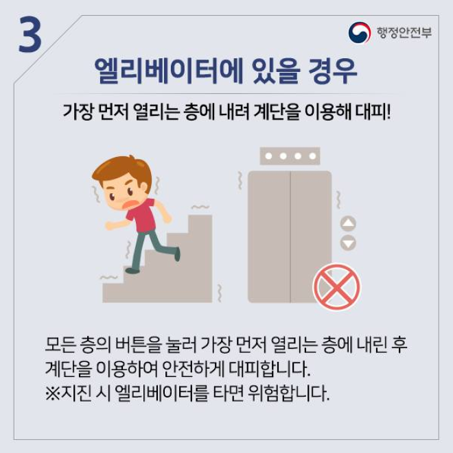 3. 엘리베이터에 있을 경우
가장 먼저 열리는 층에 내려 계단을 이용해 대피!
모든 층의 버튼을 눌러 가장 먼저 열리는 층에 내린 후 계단을 이용하여 안전하게 대피합니다.
※ 지진 시 엘리베이터를 타면 위험합니다.