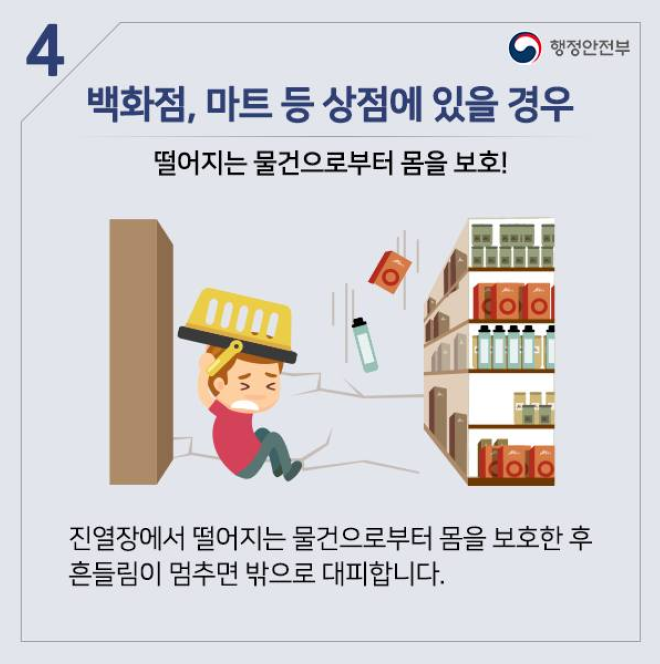 4. 백화점, 마트 등 상점에 있을 경우
떨어지는 물건으로부터 몸을 보호!
진열장에서 떨어지는 물건으로부터 몸을 보호한 후 흔들림이 멈추면 밖으로 대피합니다.