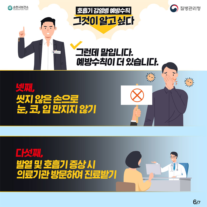 호흡기 감염병 예방수칙
그것이 알고 싶다
그런데 말입니다.
예방수칙이 더 있습니다.
넷째, 씻지 않은 손으로 눈,코,입 만지지 않기
다섯째, 발열 및 호흡기 증상 시 의료기관 방문하여 진료받기