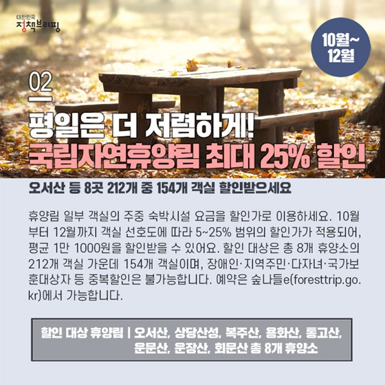 주간정책
2019.9.9.
평일 국림자원휴양림
최대 25% 할인