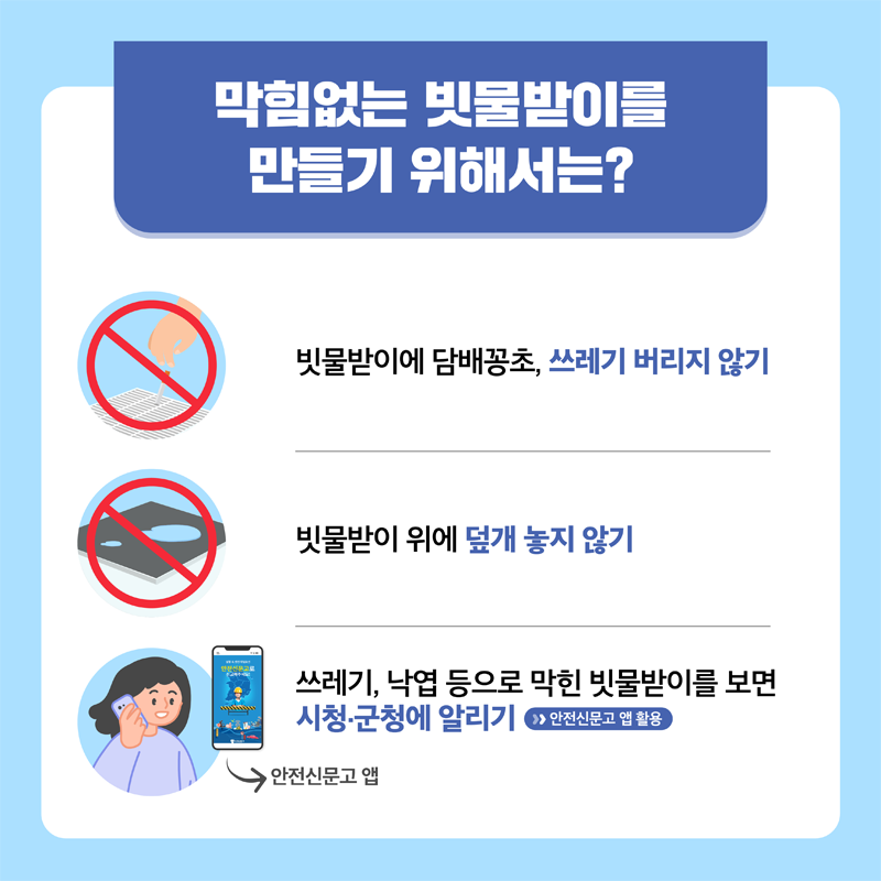 막힘없는 빗물받이를 만들기 위해서는
빗물받이에 담배꽁초, 쓰레기 버리지 않기
빗물받이 위에 덮개 놓지 않기
쓰레기, 낙엽 등으로 막힌 빗물받이를 보면 시청.군청에 알리기
안전신문고 앱 활용