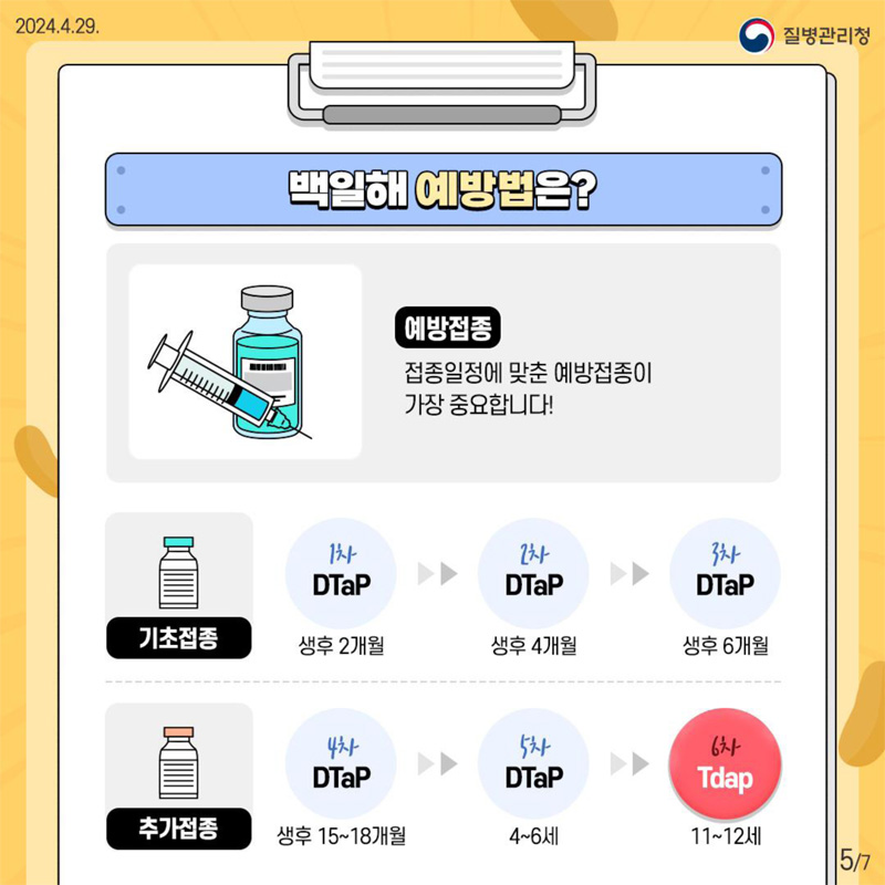 백일해 예방법은
예방접종 접종일정에 맞춘 예방접종이 가장 중요합니다.
기초접종 1차 DTap 생후2개월-2차 DTap 생후4개월-3차 DTap 생후6개월
추가접종 4차 DTap 생후15-18개월-5차 DTap 4-6세-6차 DTap 11-12세