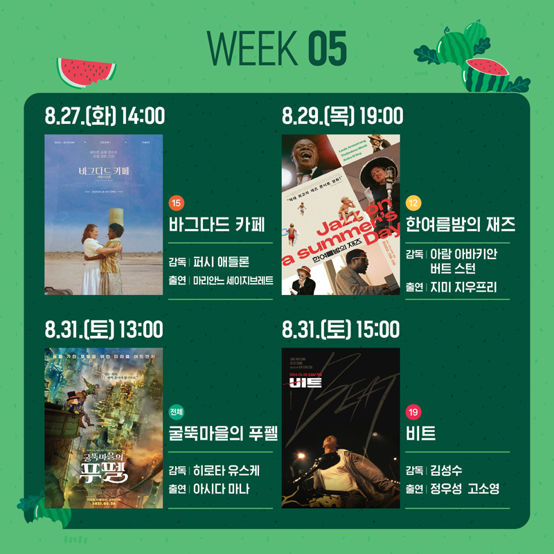 WEEK05
8.27.(화) 14시 15 바그다드 카페 감독 퍼시 애들론 출연 마리안느 세이지브레트
8.29.(목) 19시 12 한여름밤의 재즈 감독 아람 아바키안 버트 스턴 출연 지미 지우프리
8.31.(토) 13시 전체 굴뚝마을의 푸펠 감독 히로타 유스케 출연 아시다 마나
8.31.(토) 15시 19 비트 감독 김성수 출연 정우성 고소영