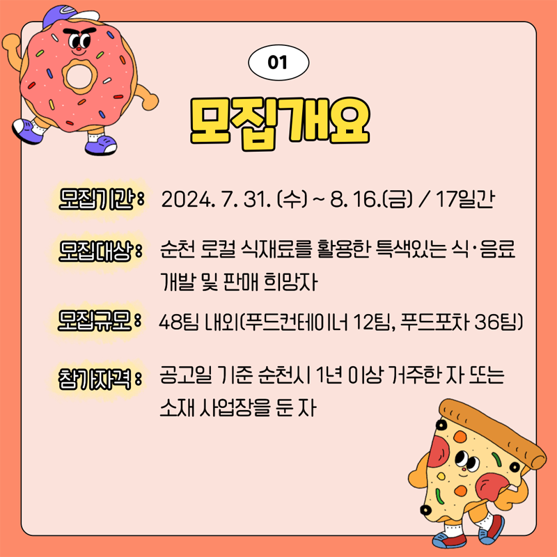 01. 모집개요
모집기간 2024.7.31.(수)-8.16.(금) 17일간
모집대상 순천 로컬 식재료를 활용한 특색있는 식 음료개발 및 판매 희망자
모집규모 48팀 내외(푸드컨테이너 12팀, 푸드포차 36팀)
참가자격 공고일 기준 순천시 1년 이상 거주한 자 또는 소재 사업장을 둔 자