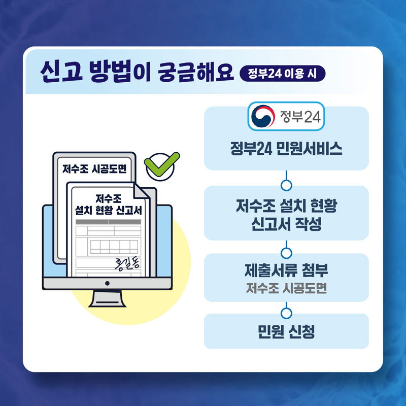 신고 방법이 궁금해요 정부24이용 시
저수조 시공도면
저수조 설치현황 신고서
정부24민원서비스-저수조 설치현황 신고서 작성-제출서류 첨부 저수조 시공도면-민원신청