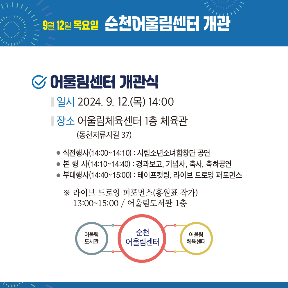 9월12일 목요일 순천어울림센터 개관
어울림센터 개관식
일시 2024.9.12.(목) 14시
장소 어울림체육센터 1층 체육관(동천저류지길 37)
식전행사(14시-14시10분) 시립소년소녀합창단 공연
본행사(14시10분-14시40분) 경과보고, 기념사, 축사, 축하공연
부대행사(14시40분-15시) 테이프컷팅, 라이브 드로잉 퍼포먼스
라이브 드로잉 퍼포먼스(홍원표 작가) 13시-15시 어울림도서관1층
어울림도서관 순천어울림센터 어울림체육센터