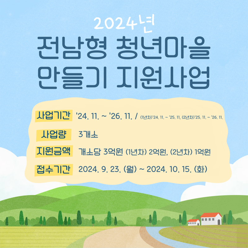 2024년 전남형 청년마을 만들기 지원사업
사업기간 24.11-26.11. (1년차) 24.11-25.11 (2년차) 25.11-26.11
사업량 3개소
지원금액 개소당 3억원 (1년차) 2억원, (2년차) 1억원
접수기간 2024.9.23.월-2024.10.15.화