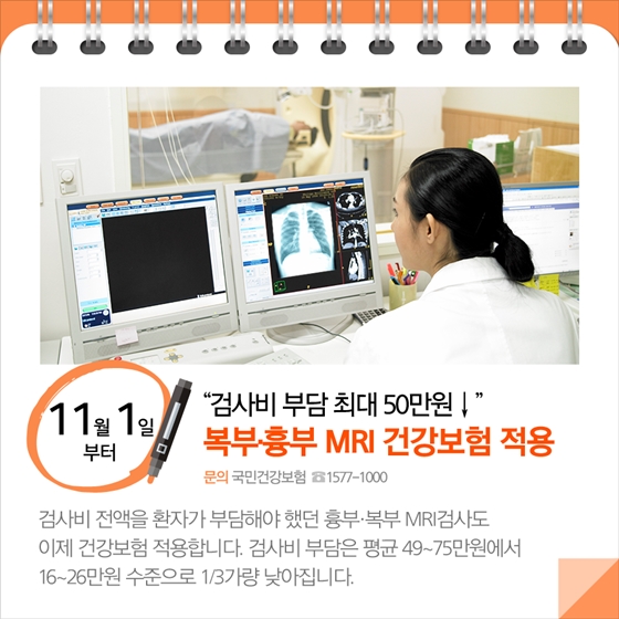 11월1일부터
"검사비부담 최대 50만원↓'
복부·흉부 MRI 건강보험 적용 
문의: 국민건강보험 ☎1577-1000
검사비 전액을 환자가 부담해야 했던 흉부·복부 MRI 검사도
이제 건강보험 적용합니다. 검사비 부담은 평균 49~75만 원에서
16~26만 원 수준으로 1/3가량 낮아집니다.