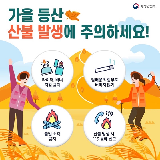 가을 등산
산불 발생에 주의하세요
라이터, 버너 지참금지
담배꽁초 함부로 버리지 않기
불법 소각 금지
산불 발생 시, 119 등에 신고