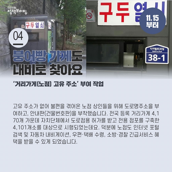 4. 붕어빵 가게도 내비로 찾아요 (11.18 시행)
고유 주소가 없어 불편을 겪어온 노점 상인들을 위해 도로명주소를 부여하고, 안내판(건물번호판)을 부착했습니다. 전국 등록 거리가게 4,170개 가운데 자치단체에서 도로점용 허가를 받고 전용 점포를 구축한 4,101개소를 대상으로 시행되었는데요.