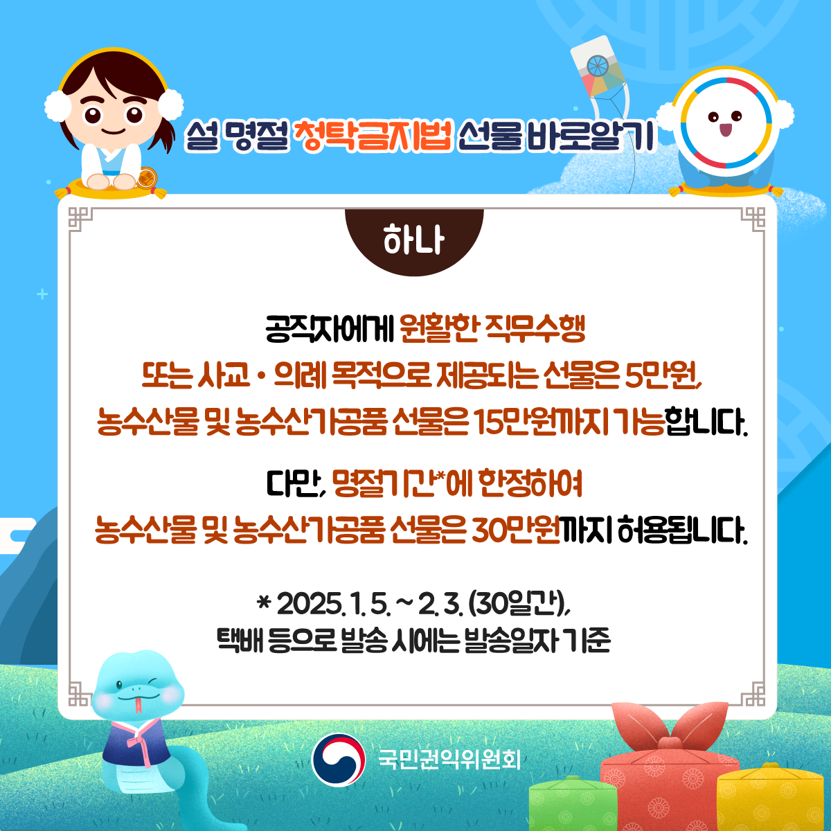 둘 공직자의 직무와 직접적인 이해관계가 있는 경우에는 가액 범위 내라 하더라도 원활한 직무수행 사교 의례 목적으로 볼 수 없으므로 일체의 선물도 줄 수 없습니다. 
인허가신청 민원인 입찰참여 등 유관기관 공직자의 인사 평가 감사 대상자등과 담당 공직자 관계