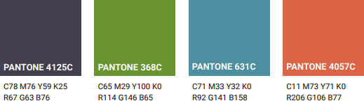 PANTONE 4125C(C78 M76 Y59 K25/R67 G63 B76), PANTONE 368C(C65 M29 Y100 K0/R114 G146 B65), PANTONE 631C(C71 M33 Y32 K0/R92 G141 B158), PANTONE 4057C(C11 M73 Y71 K0/R206 G106 B77)